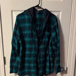 Oakley Teal and Black Plaid Button-Up hooded Shirt size large